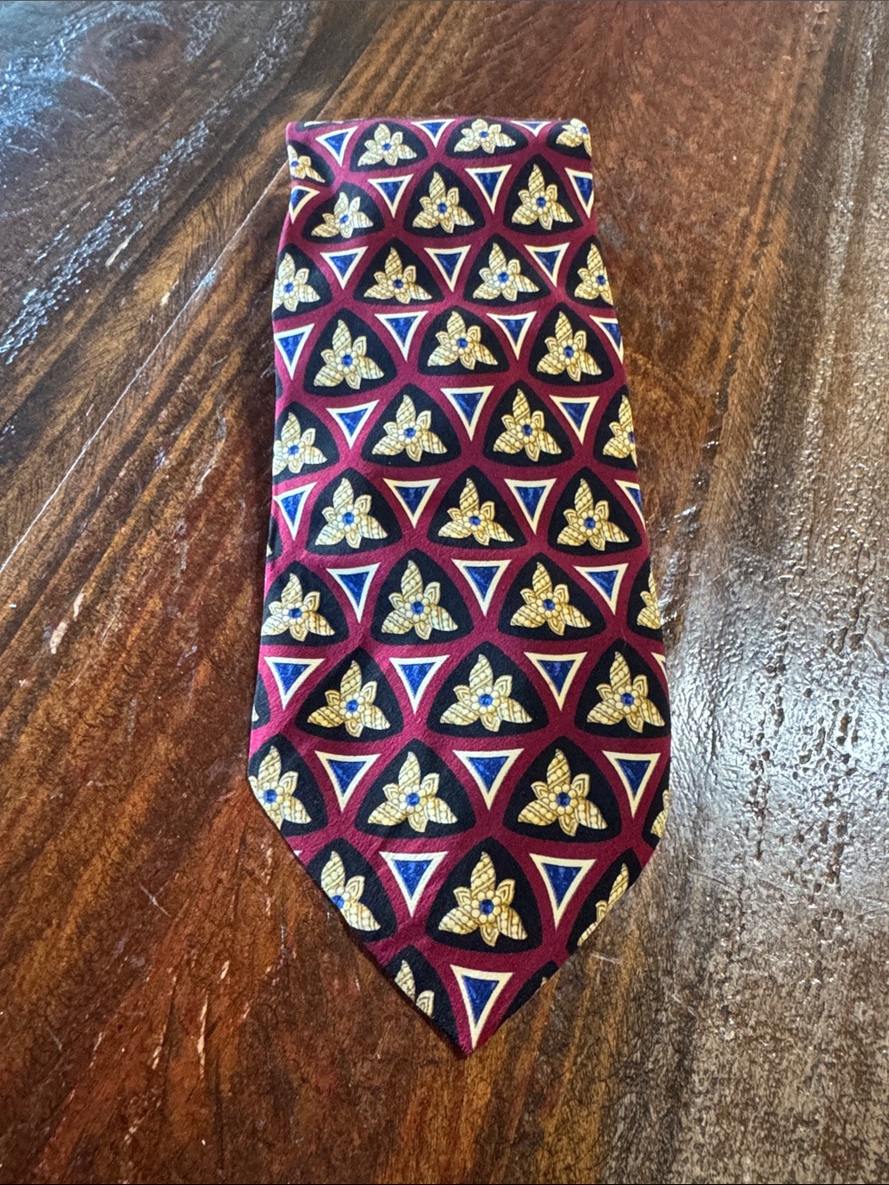 Valentino Garavani Burgundy Tie with Gold and Navy Geometric Floral Motif
